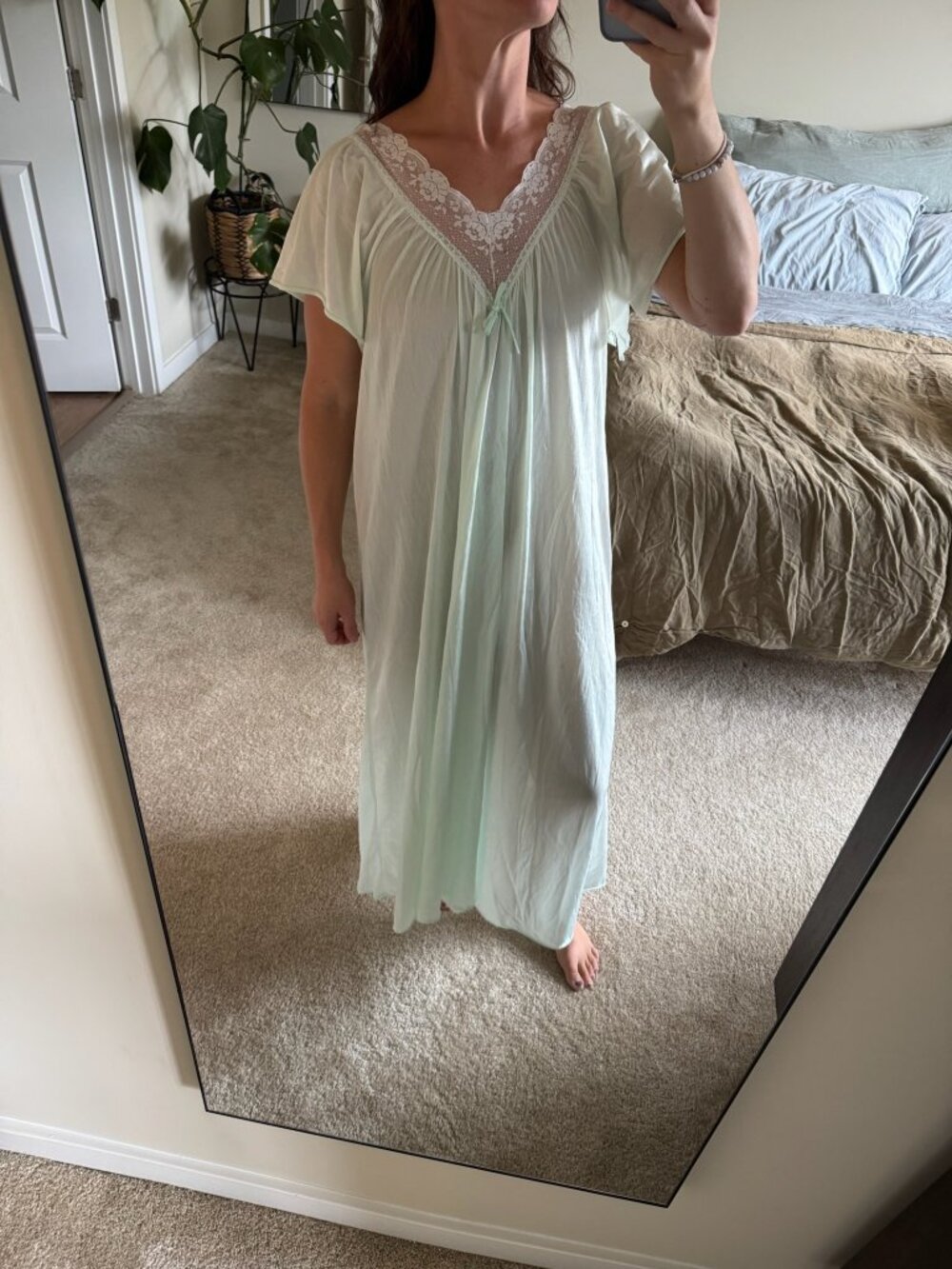 Vintage Mint Green Semi Sheer Flutter Maxi Nightgown OSFM